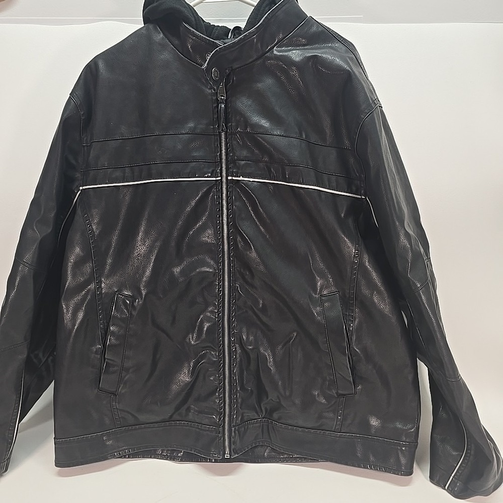 VTG Arizona Jean Company Hooded Jacket Mens‎ XXL Black Faux Leather Motorcycle